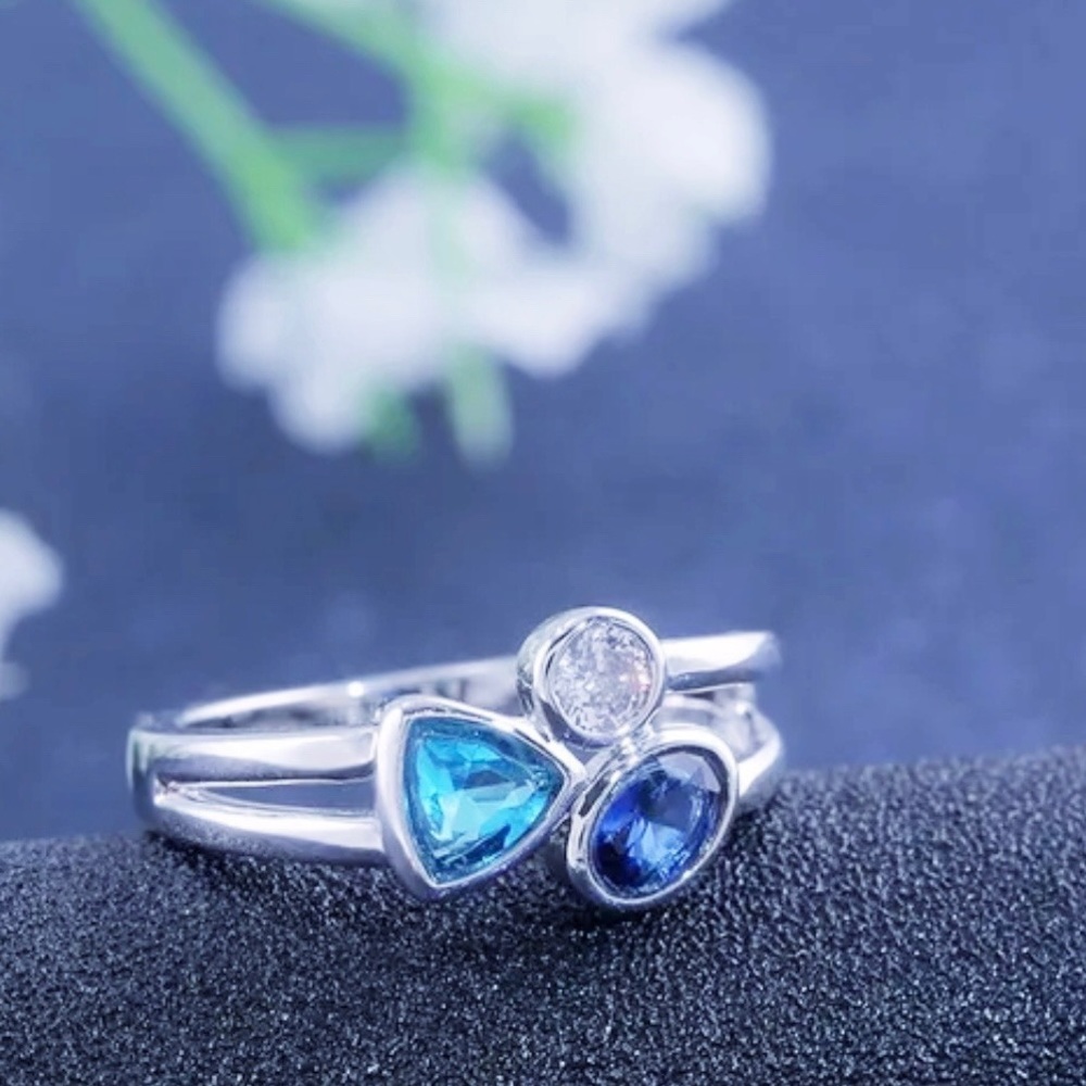 Ring Size 10 Sapphire Aquamarine Topaz Geometric Sterling Silver 925 New